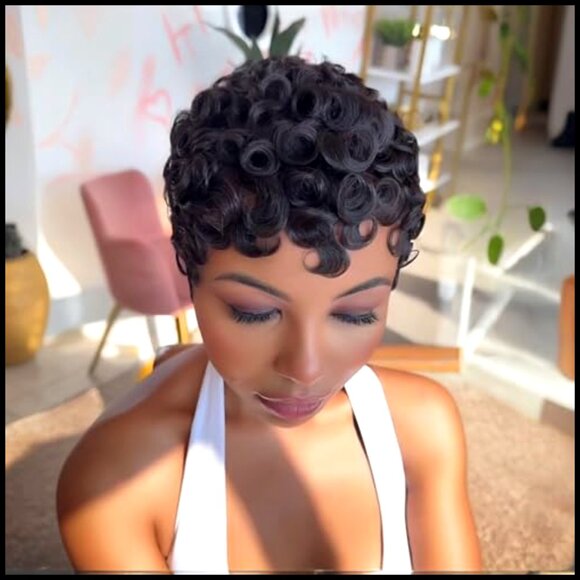 Short Layered Pixie Cut Human Hair Wig With Bangs Curly Glueless main image 5